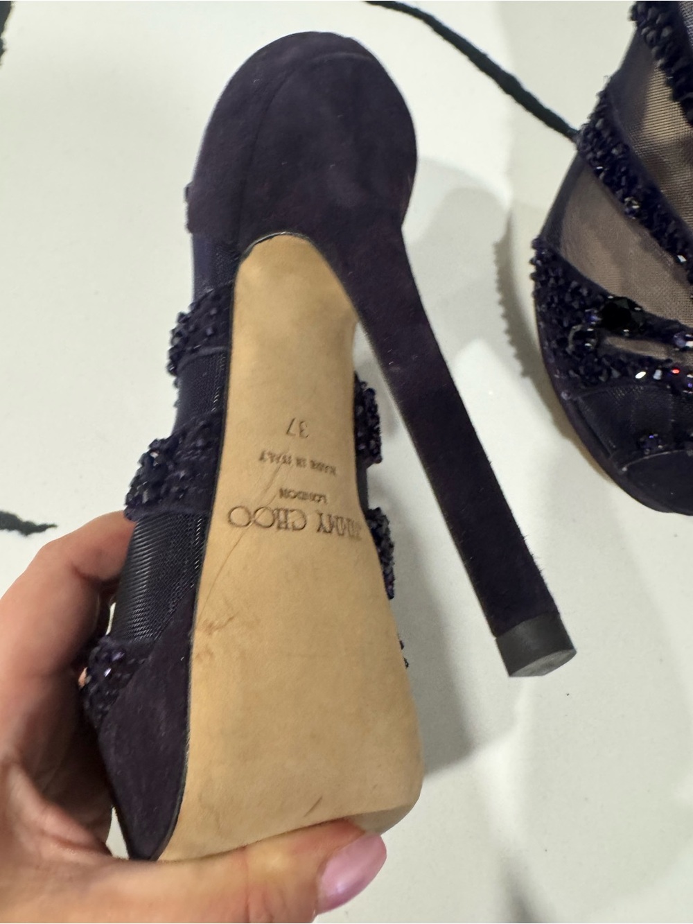 Jimmy Choo Purple Suede Beaded Stiletto Heel